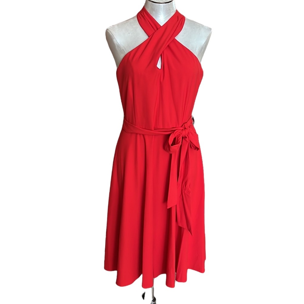 NWT Tahari ASL Red Crepe Twist Cross Neck Halter Midi Dress Belted Size 10